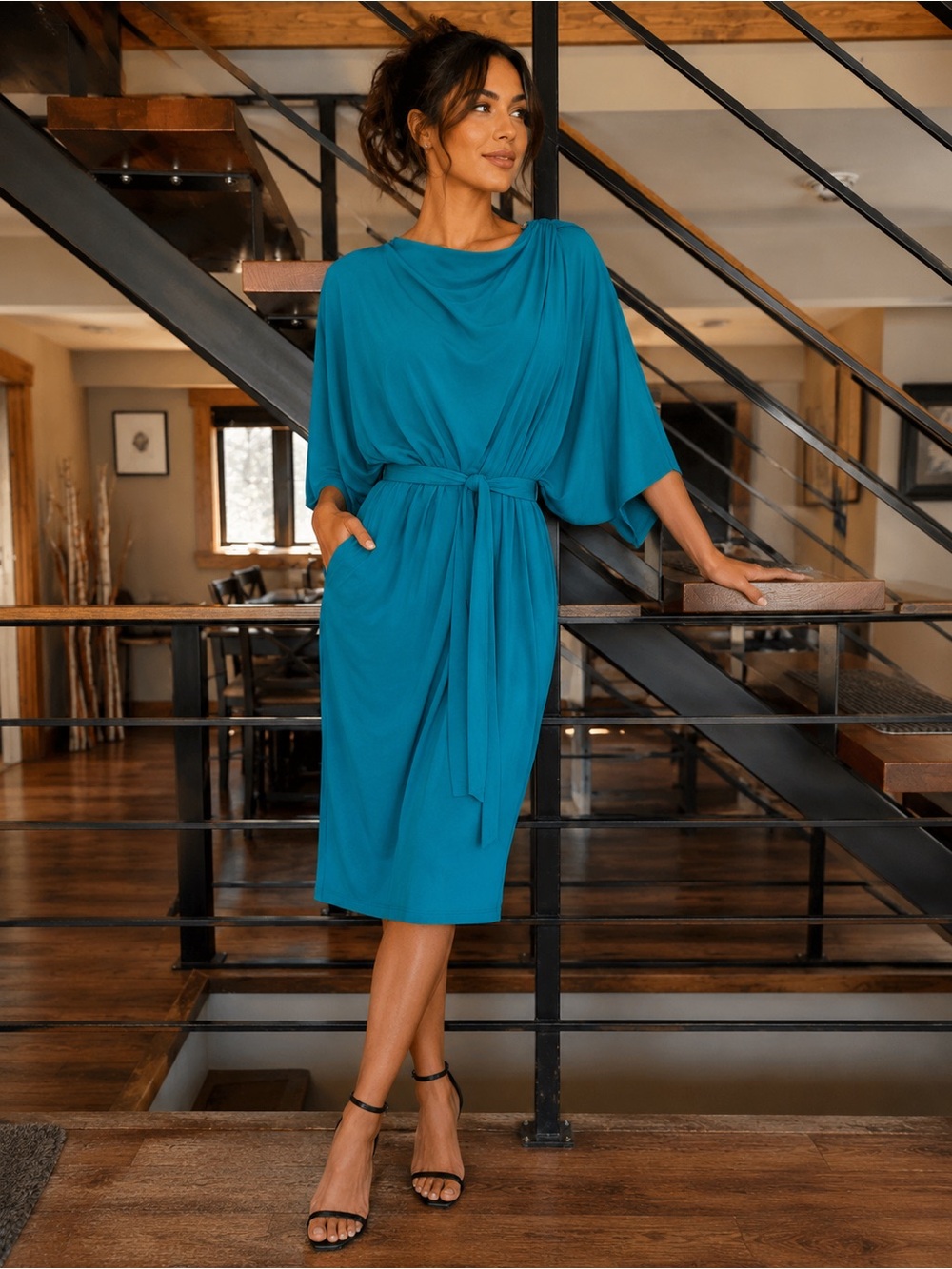 Deep Draped Teal Midi Dress with Waist Tie